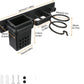 Wall-mounted hair tool holder size diagram, black with vented rack and cord hooks