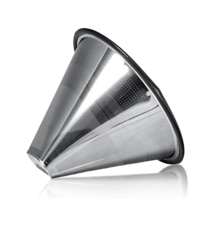 Stainless steel mesh coffee filter, cone-shaped with black rim and handle loop