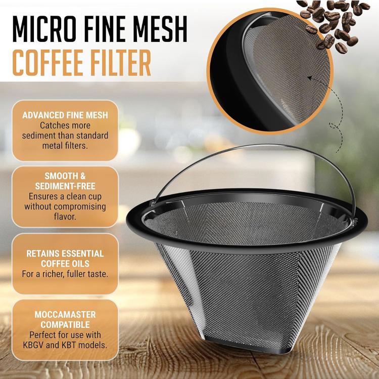 Stainless steel micro-mesh coffee filter basket with black outer rim