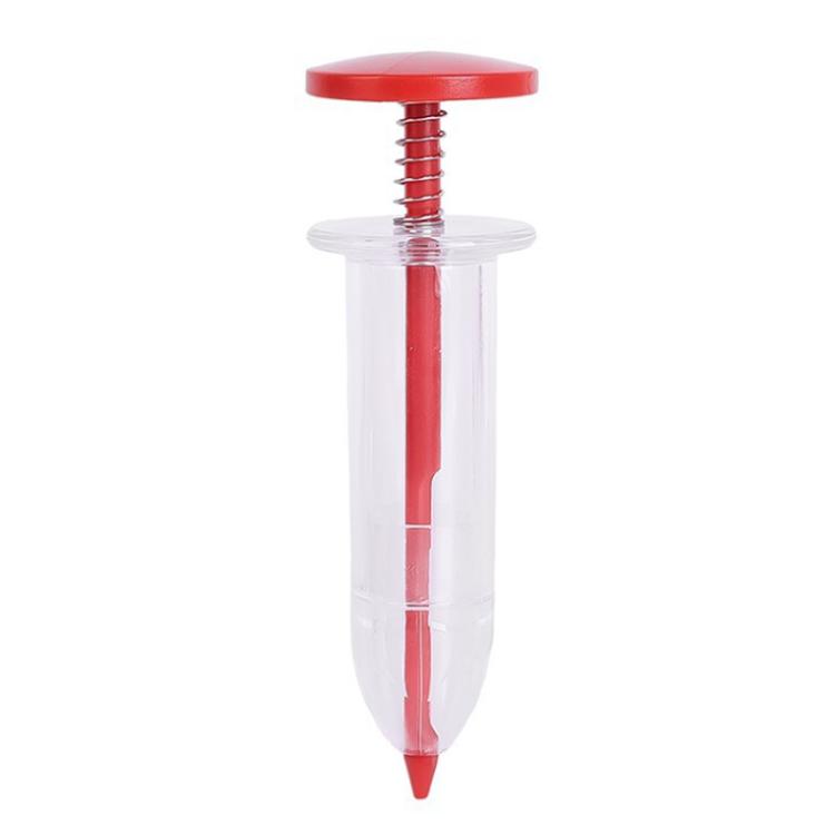Single clear syringe seed planter with red top cap and pointed planting tip