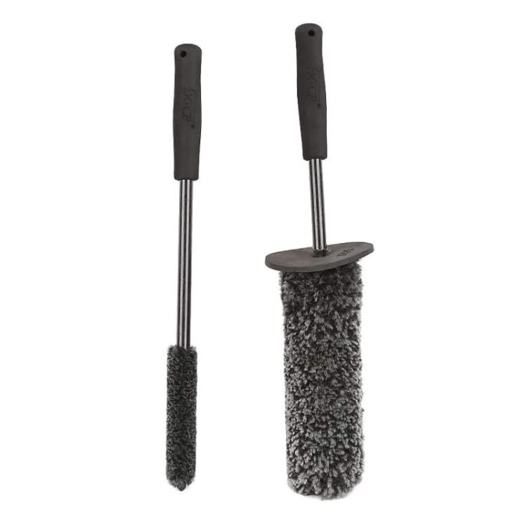 Car wheel crevice cleaning brush set with two stiff gray bristle heads and black handles