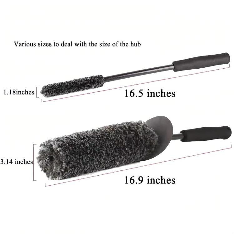 Adjustable-size wheel hub crevice cleaning brush with gray bristle cylinder and round pad head