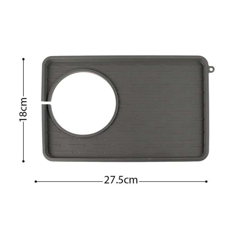 Grey silicone mat size 27.5cm by 18cm, round cutout and side loop