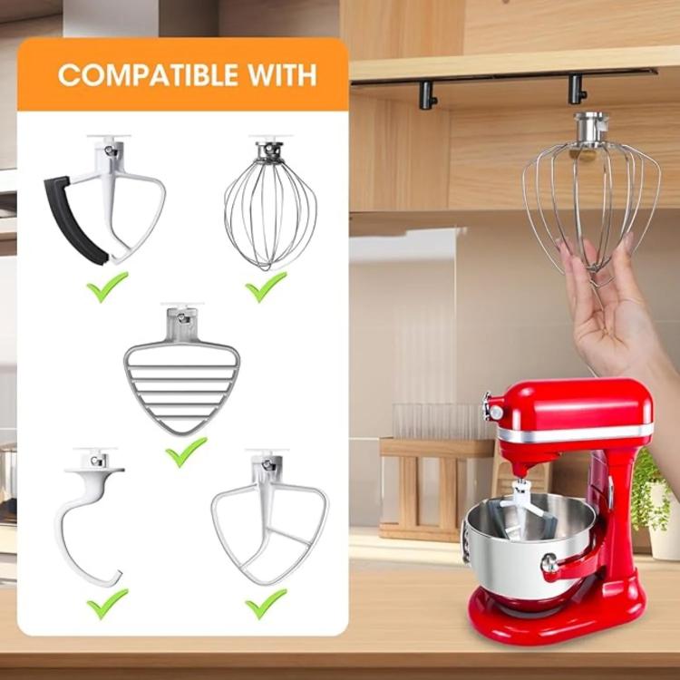 Compatible mixer accessory hook set with hanging whisk, paddle, and dough hook