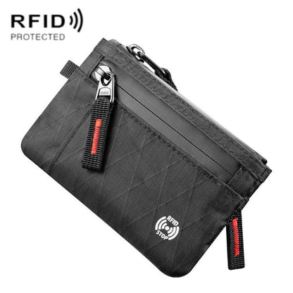 Black RFID card holder wallet with red zipper and hanging key strap detail