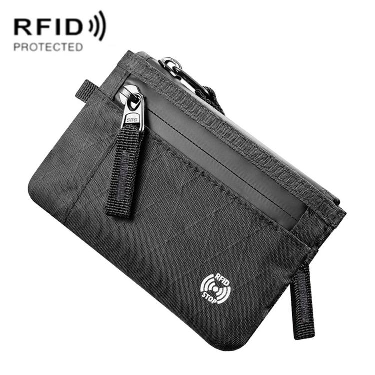 Black RFID card holder wallet with red zipper and front key strap