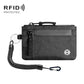 Black RFID travel card holder with wrist lanyard and zipper pocket