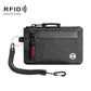 Black RFID travel card holder with red-accent zipper and wrist lanyard