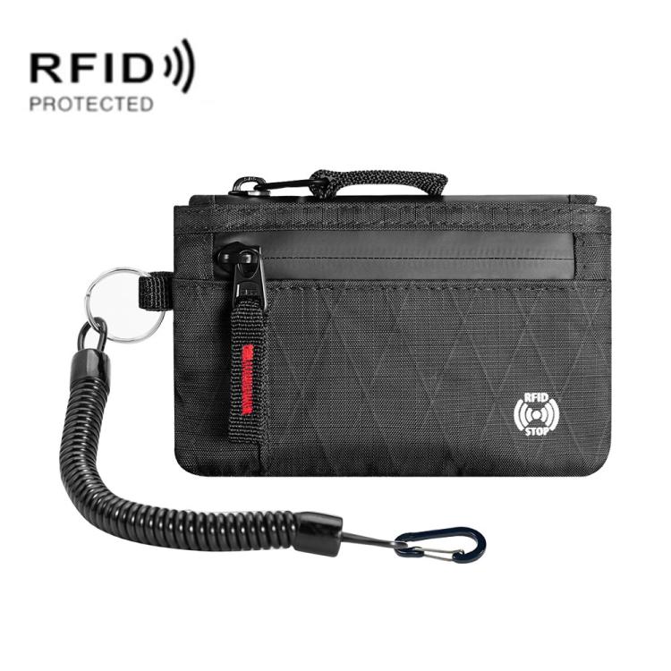 Black RFID travel card holder with red-accent zipper and wrist lanyard