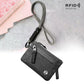 Black RFID card holder wallet with red zipper, lanyard, and key strap