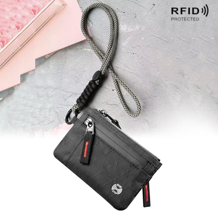 Black RFID card holder wallet with red-accent zipper and lanyard