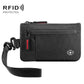 Black RFID card holder with hook clip strap and red-accent zipper pull