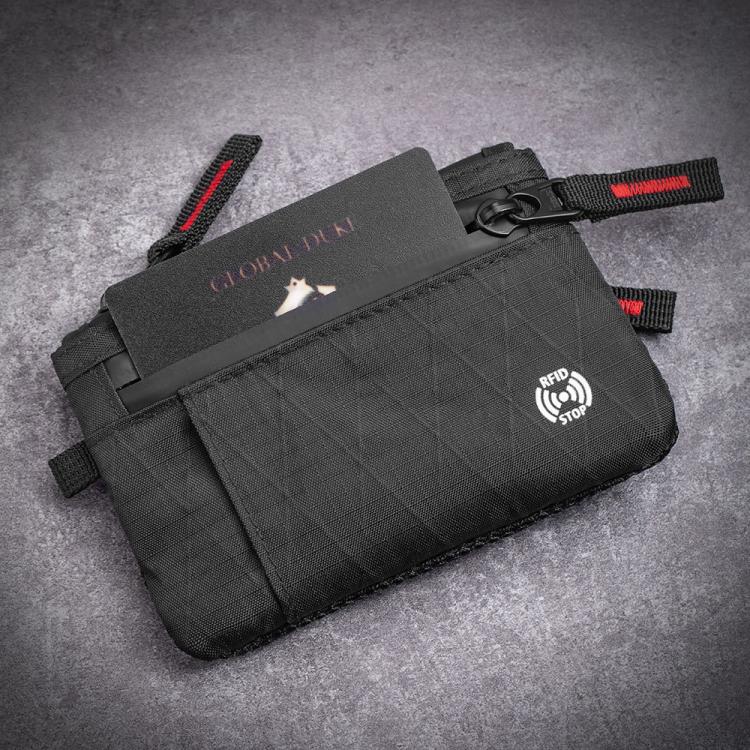 Black RFID card holder wallet with card slot, red-accent zipper and key strap