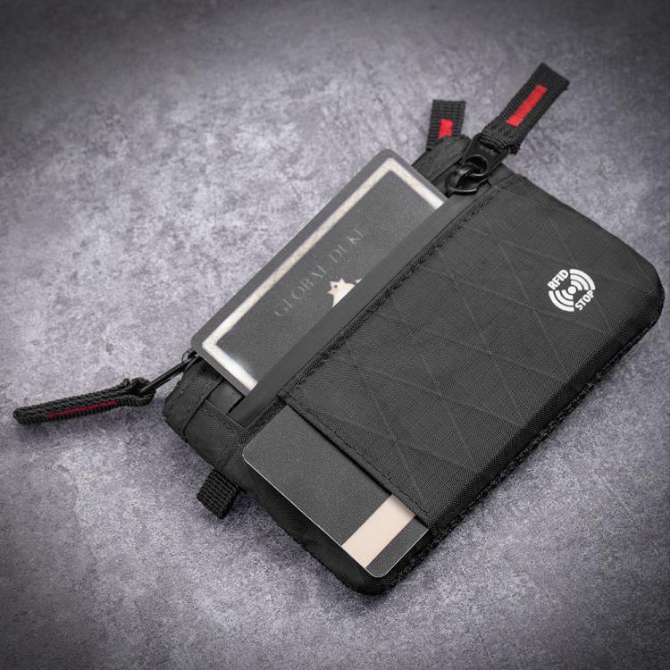 Black RFID card holder wallet with red zipper and lanyard strap