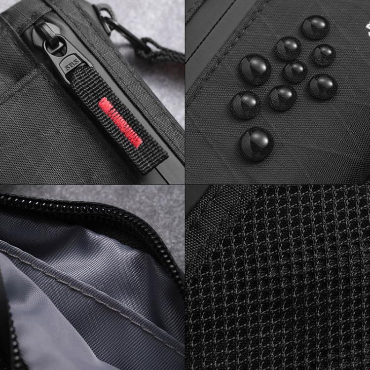 Black textured card wallet with red-striped zipper and stitched interior