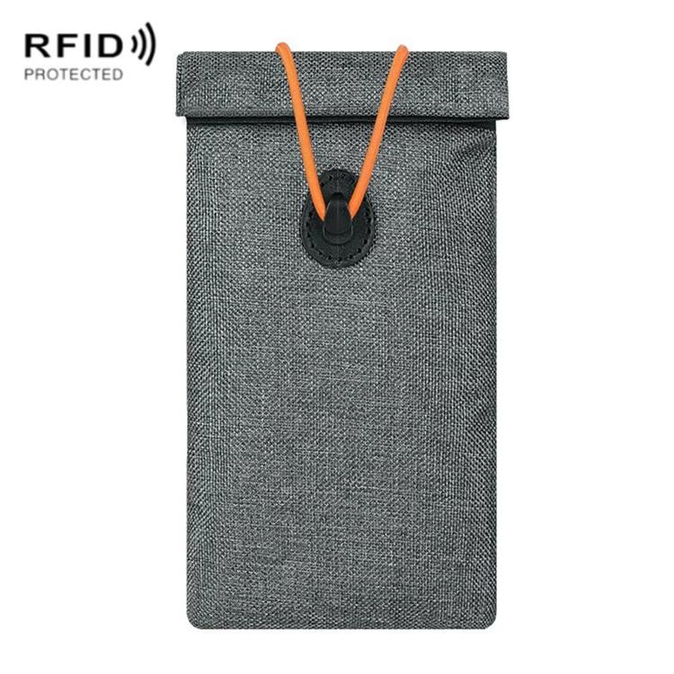 Gray roll-up drawstring RFID shielding pouch for keys and credit cards