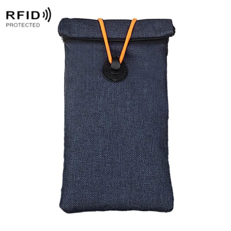 Blue roll-up drawstring RFID shielding pouch with round snap toggle