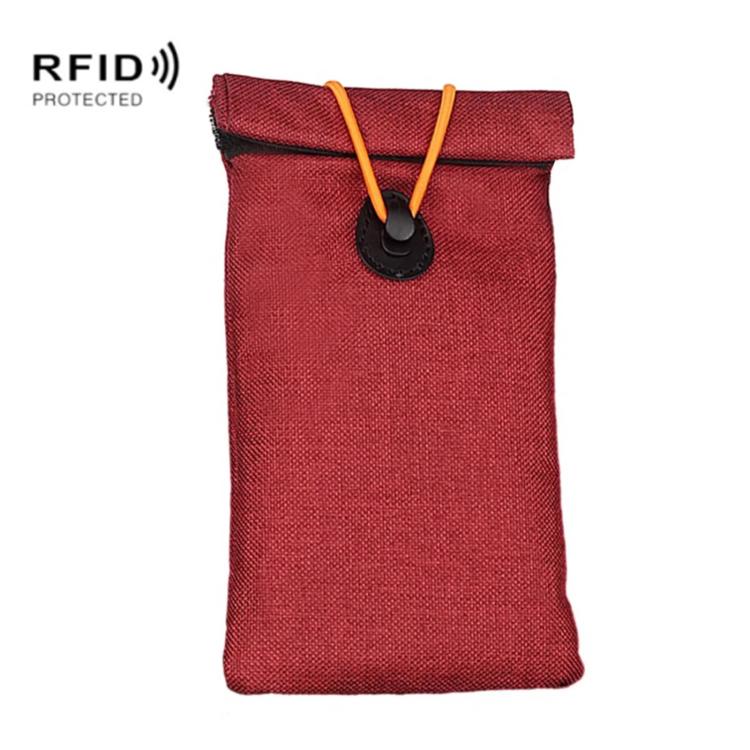 Red roll-up drawstring RFID shielding pouch with round snap toggle