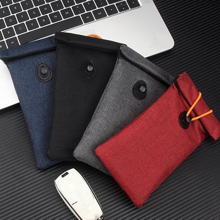 Set of roll-up drawstring RFID pouches in blue, black, gray, and red