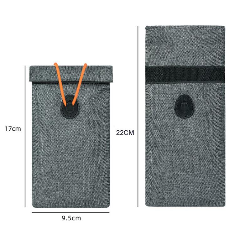 Gray roll-up drawstring pouch with size labels, 17cm and 22cm