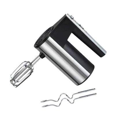 Handheld electric egg beater mixer with chrome beaters and black stand base