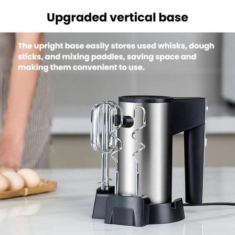 Vertical stand mixer base with two whisk beaters and upright handheld body