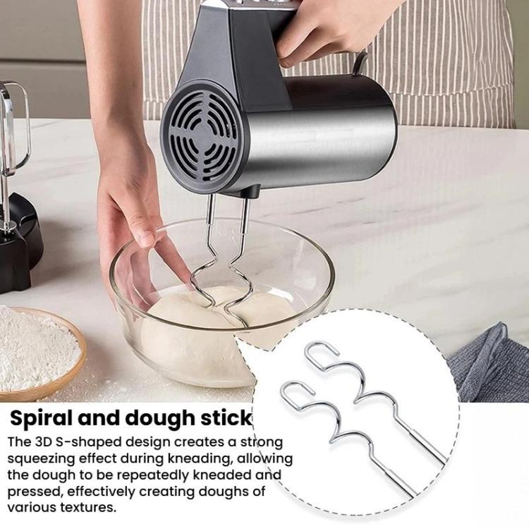 Electric egg beater mixer with chrome beaters for mixing bowls, black and silver