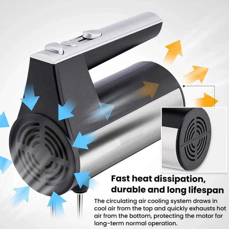 Electric beater mixer with side vent fan design on the black-and-silver motor