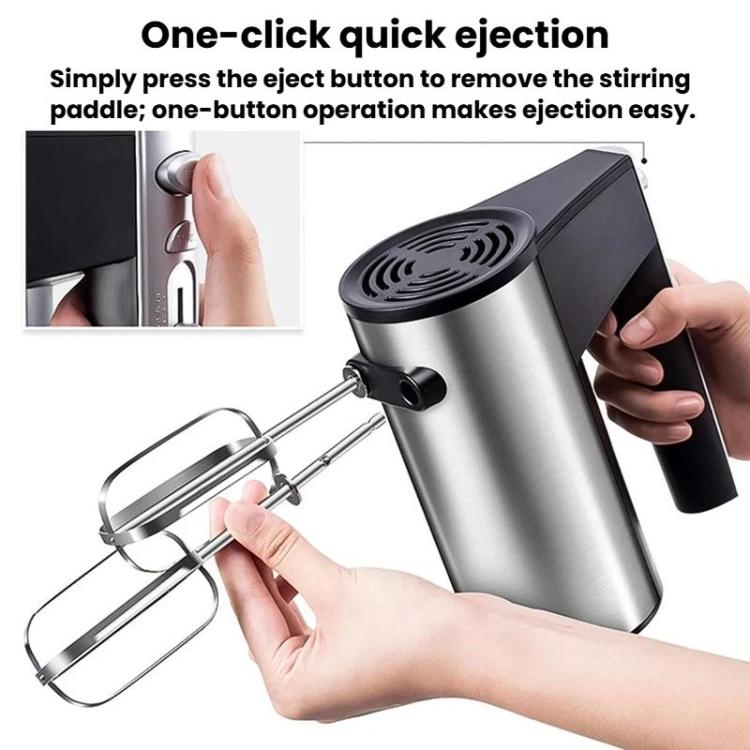 Electric egg beater mixer showing eject button and removable chrome stirring paddles