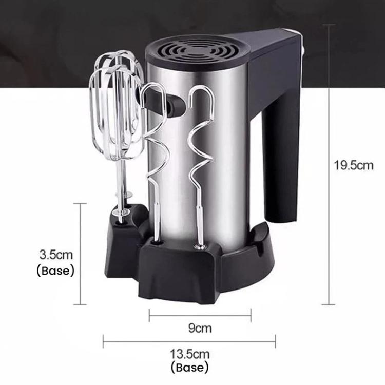 Compact electric egg mixer with whisk beaters and black base, silver housing