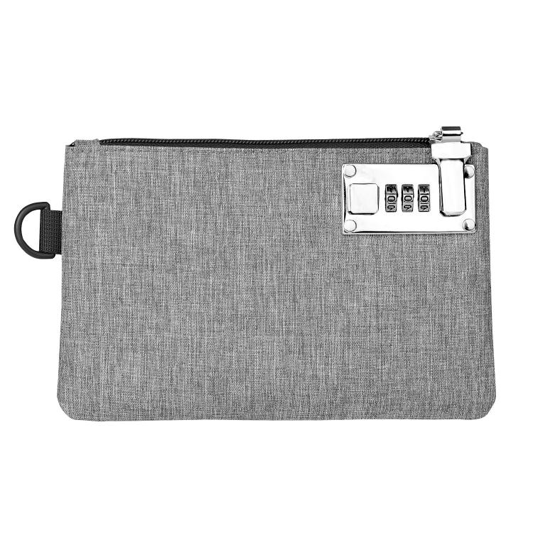 Gray anti-theft card wallet with combination lock keypad and wrist strap