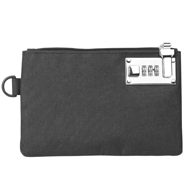 Black anti-theft card wallet with combination lock keypad and wrist strap