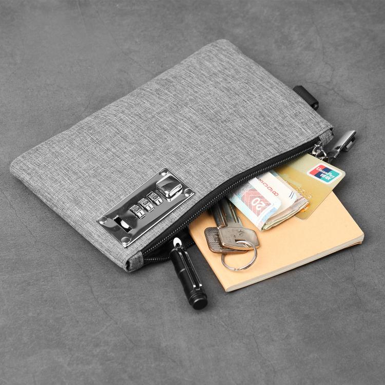 Gray anti-theft card wallet open with zipper, card slots, and lock keypad