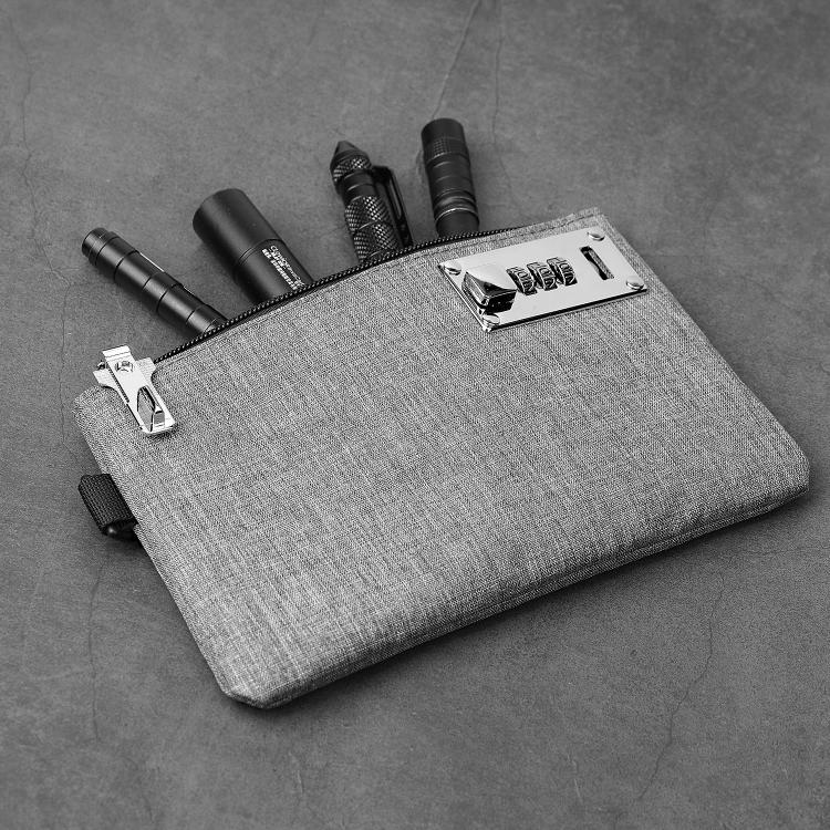 Gray anti-theft card wallet, flat with combination lock panel and zipper on top