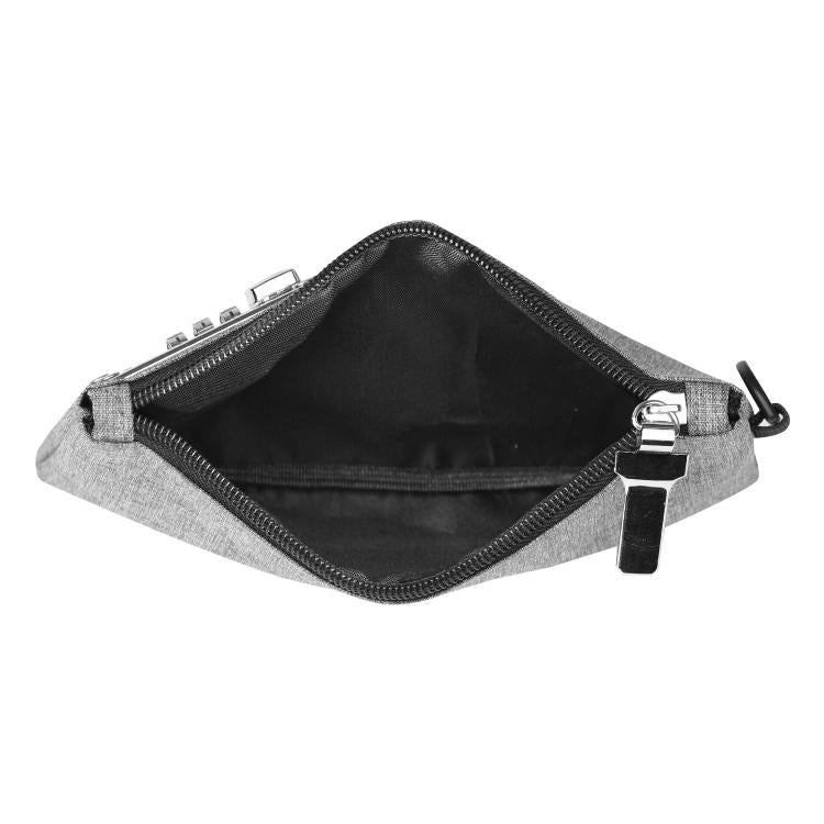 Black anti-theft card wallet open, showing inner lining and combination lock hardware