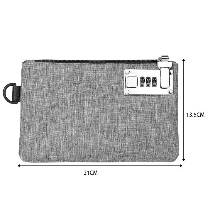 Gray anti-theft card wallet with combination lock keypad and wrist strap, 21cm x 13.5cm
