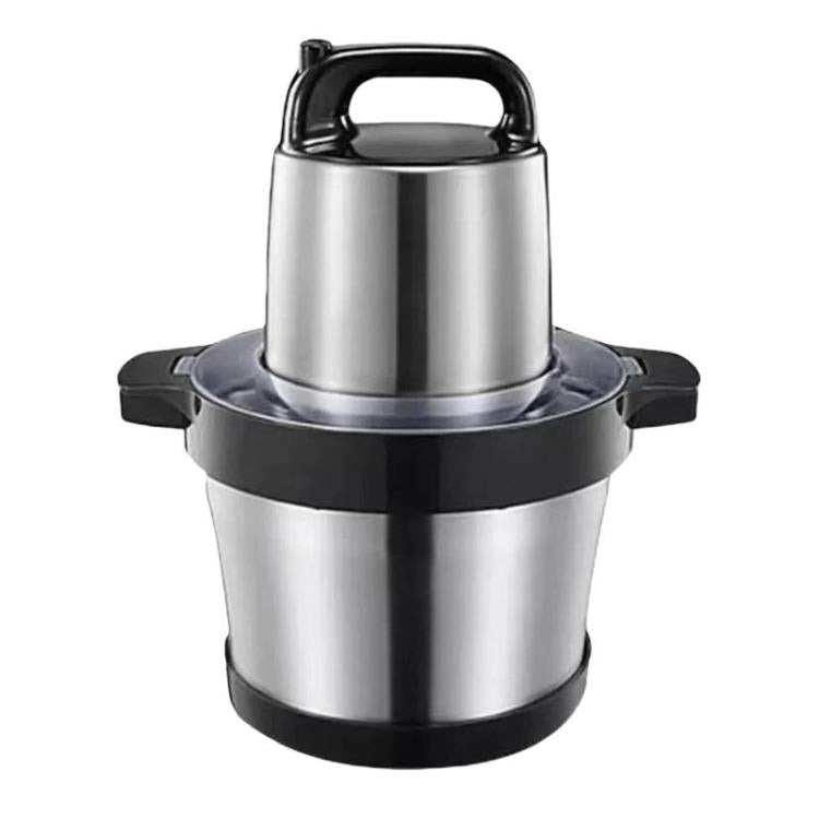 Large stainless steel meat grinder cup with black locking ring and side handles