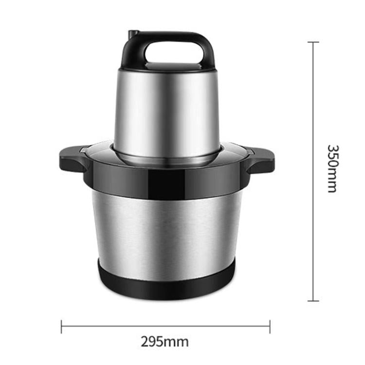 Stainless steel meat grinder dimensions view with handle and black base
