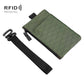 RFID-blocking card wallet with zip pocket, green fabric, wrist strap, card slot view