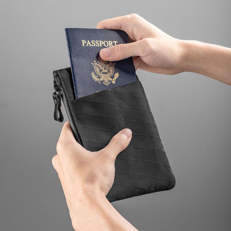 Black RFID-blocking card wallet holding a passport at the front pocket
