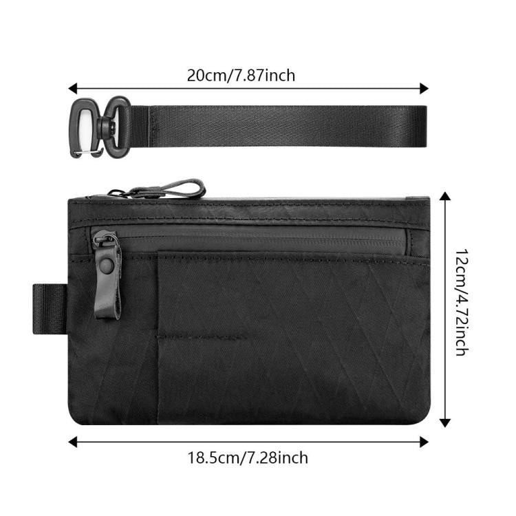 Black RFID-blocking wallet pouch size diagram with strap and zipper pocket dimensions