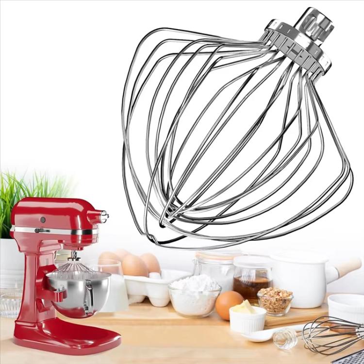 Stainless steel wire whisk attachment with clip mount for bowl-lift stand mixers