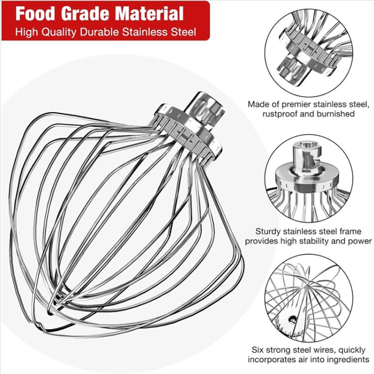 Stainless steel wire whisk attachment with sturdy frame and food-safe construction