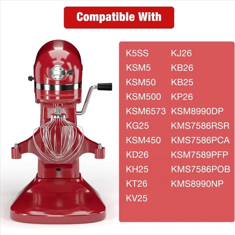 Stainless steel whisk attachment mounted on a red KitchenAid stand mixer