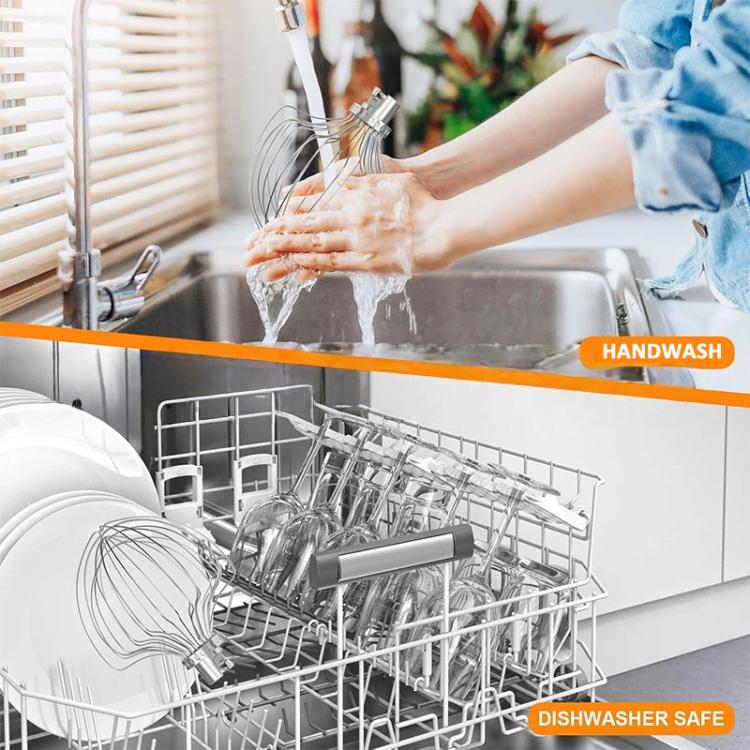 Stainless steel whisk attachment being washed, for handwash or dishwasher use