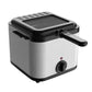 Stainless steel electric deep fryer with openable black lid and handle