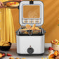 Stainless steel electric deep fryer with frying basket and open lid