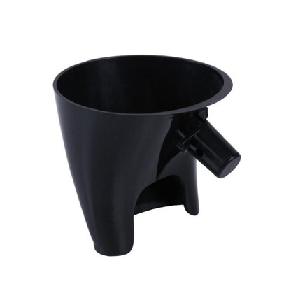 Black plastic flour funnel attachment with side chute and mounting tab