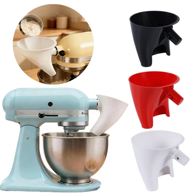 Set of red, black, and white flour funnel attachments with side chutes