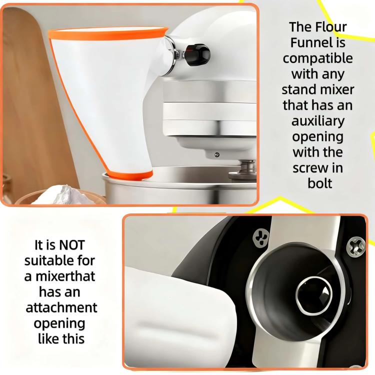 White flour funnel attachment mounted on a stand mixer with side opening